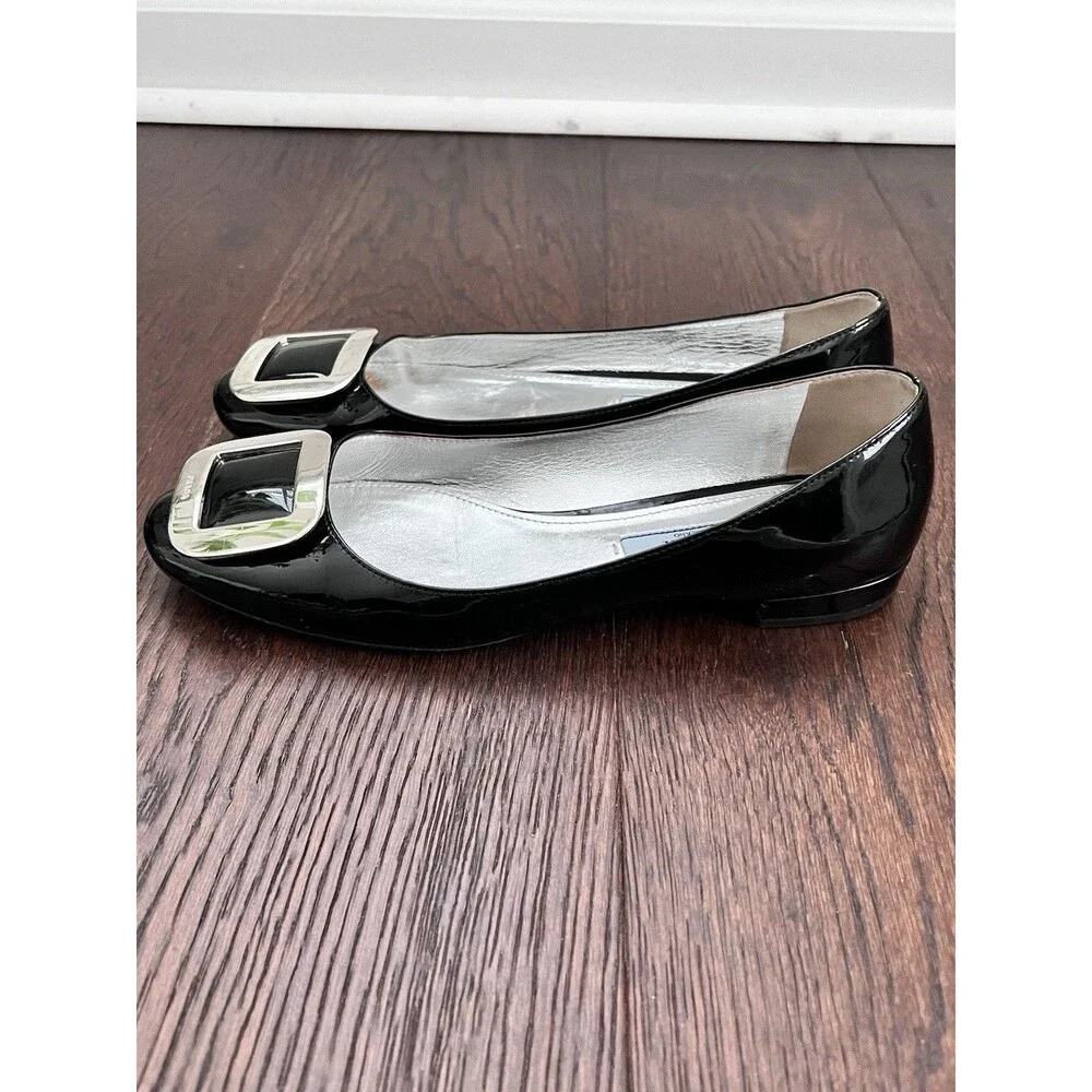 PRADA Black Patent Leather Ballet Flats Silver Detail Size 37 GUC - Picture 5 of 14